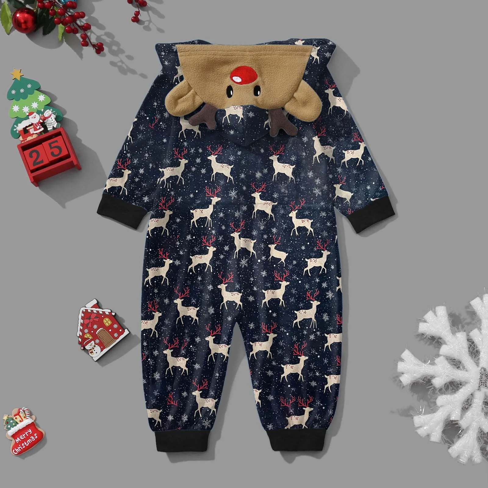 Family Christmas Jumpsuit Pajamas Elk Hooded Xmas Family Matching Outfits Hoodies Pants New Year Christmas Set Pijama 2024