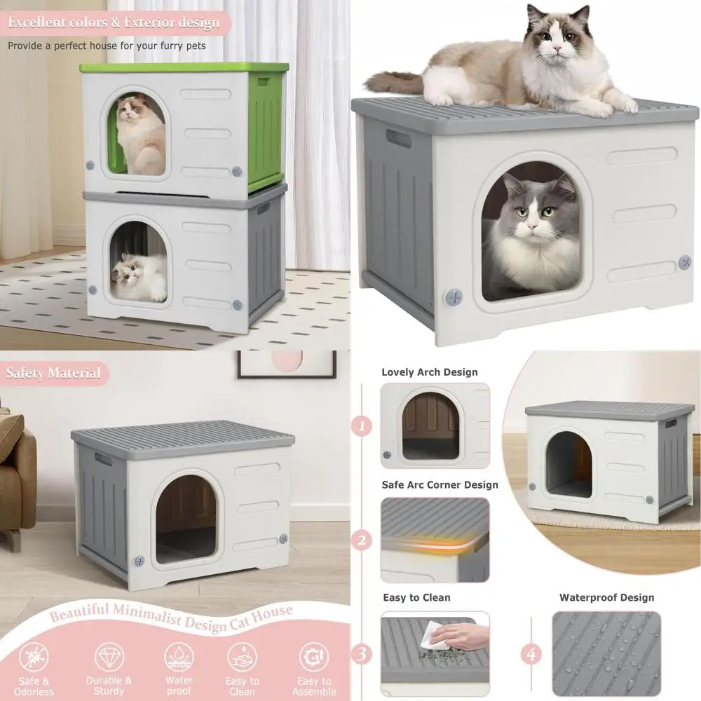 

Всепогодный уличный кошачий домик для ферлов и маленьких домашних животных, просторная и легкая сборка - серый