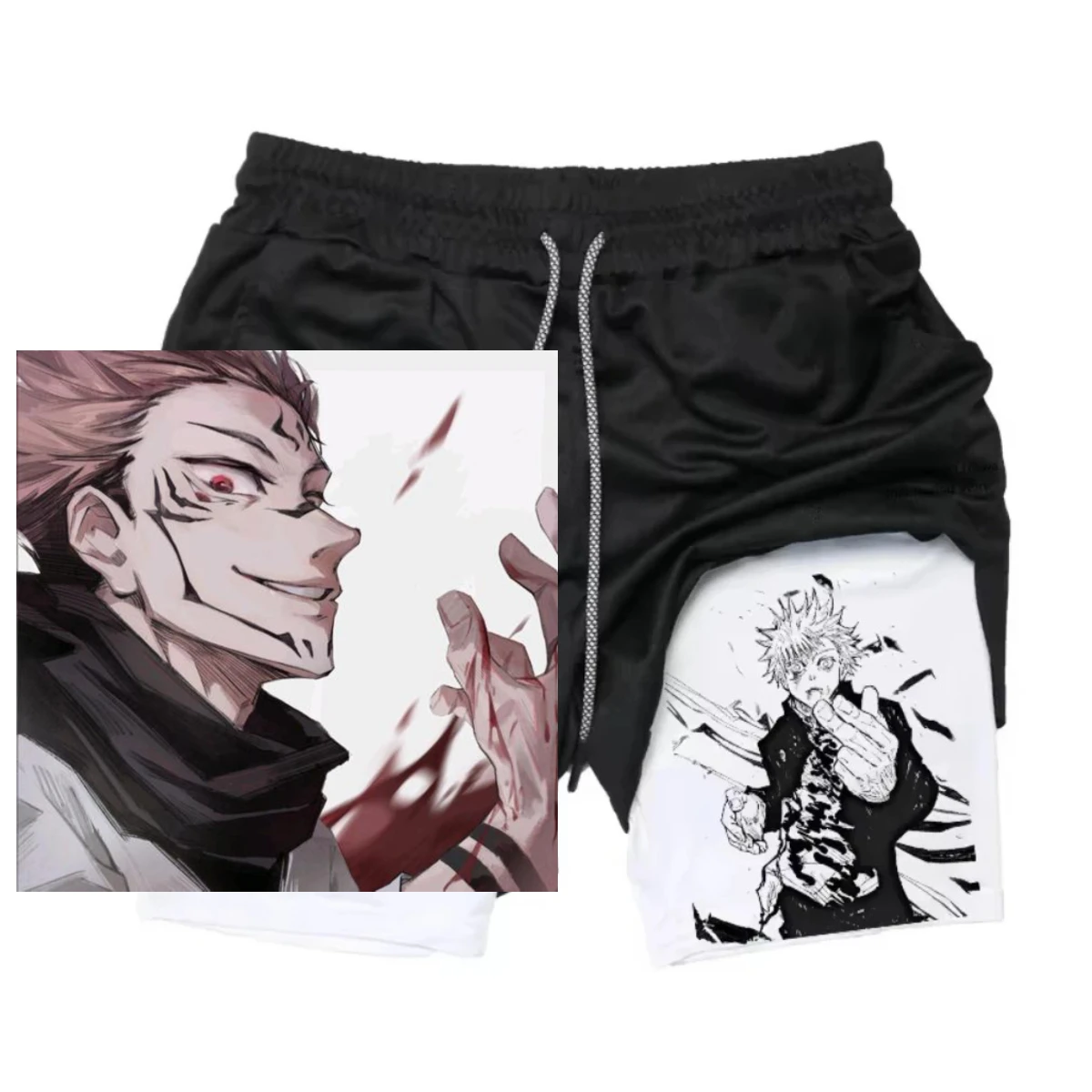 

Мужские короткие летние женские спортивные дышащие быстросохнущие повседневные спортивные штаны с принтом «Два в одном» в стиле аниме «Два в одном» 2025