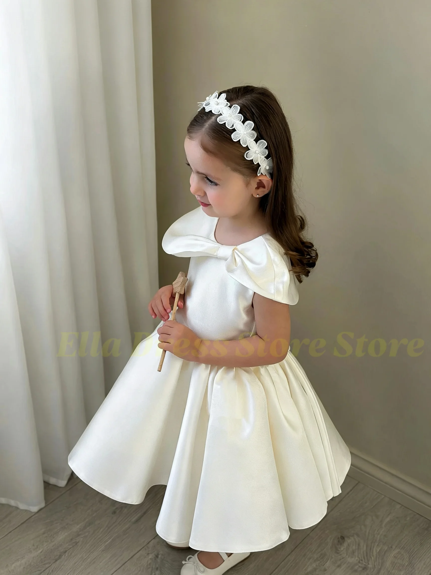Custom Flower Girl Dress For Wedding Ivory Satin Mini Dresses Girls Elegant Cute A-Line Bow First Communion Birthday Wholesale