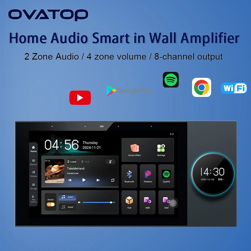 

Home 2 zone audio in wall amplifier TUYA Smart Built-in ZIGBEE gateway music controls panel Android 11 system 8x30W sound player