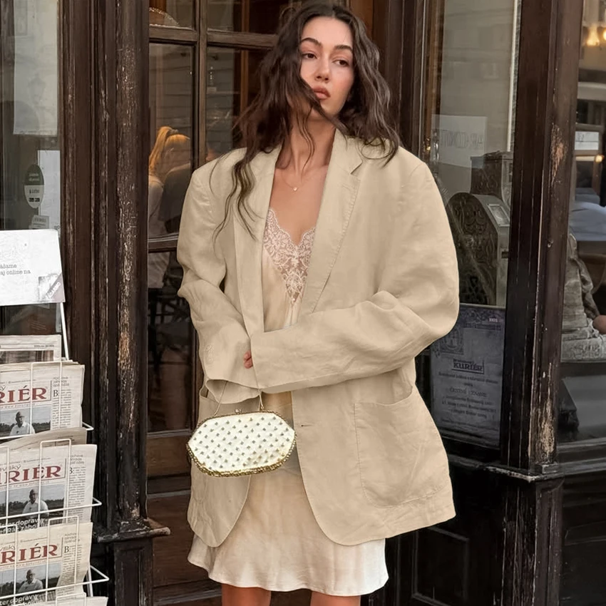 Khaki Casual Woven Elastic Woman'S Blazer Long Sleeve Lapel Single-Breasted Top Solid Color Loose Patch Pocket Coat 2026 Autumn