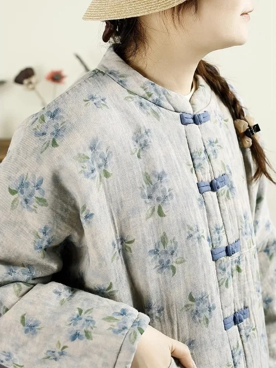 

Retro Artistic Button-Up Collar Floral Print Thiened Cotton Jaet Women's Winter New Sle Small Size Cotton Outerwear