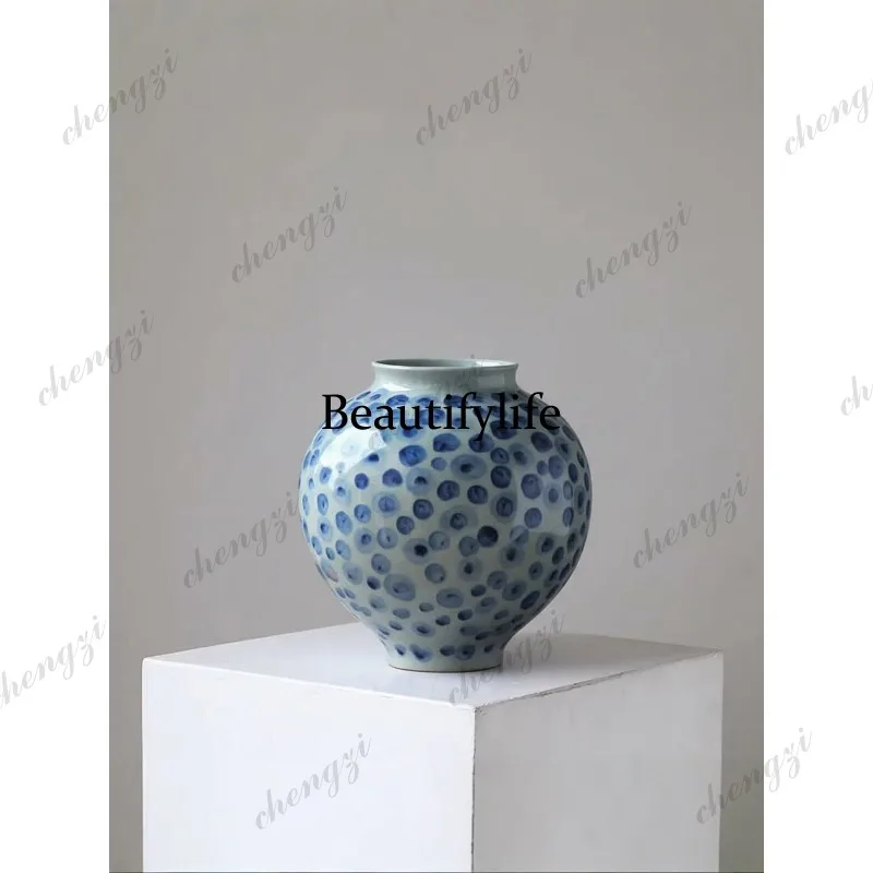 Blue and white spherical ceramics, new Chinese Zen ceramic flower ware, living room entrance art decoration ornament