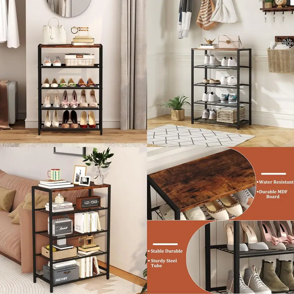 

5-уровневая коричневая металлическая полка для обуви в деревенском стиле для компактное хранилище в шкафах и прихожей