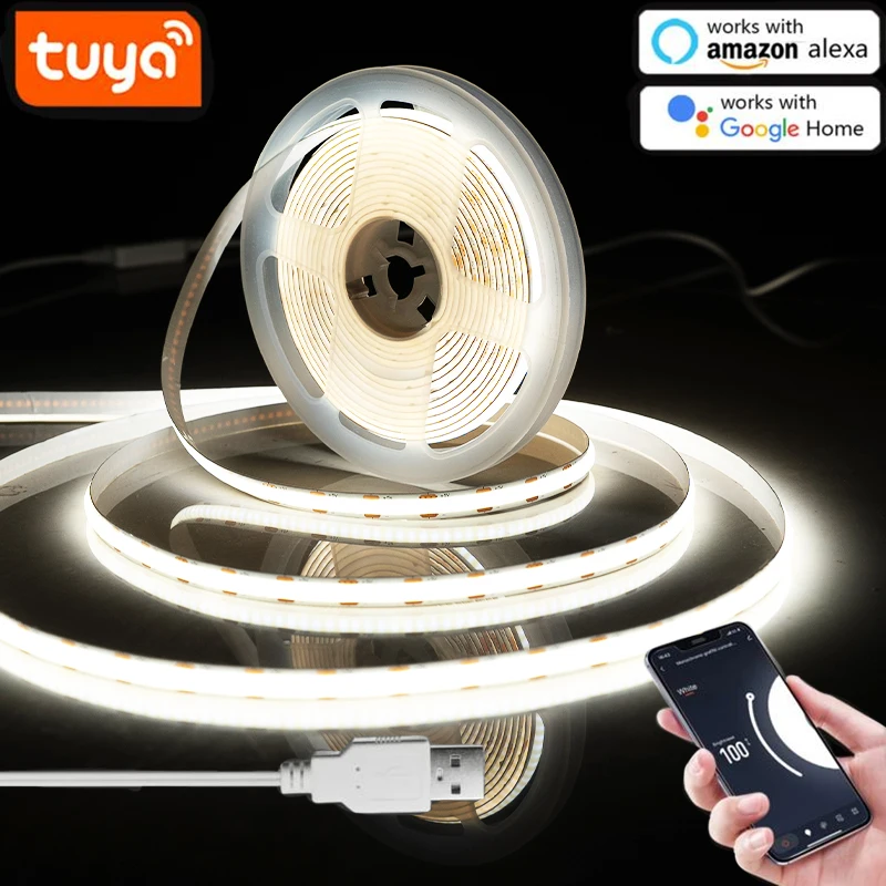 1M 2M 3M 5M WiFi COB LED Strip Light, 5V USB Tuya Smart Life APP Ściemnialna taśma LED COB Współpracuje z Alexa/Google Home