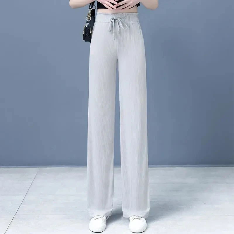 2024 Female Summer New High Waisted Loose Fitting Light Gray Mopping The Floor Pants Women Leisure Ice Shreds Wide Leg Trousers