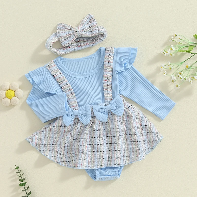 Newborn Baby Girl Outfit Ribbed Patchwork Long Sleeve Romper Plaid Dress with Headband Set Fall Winter Clothes