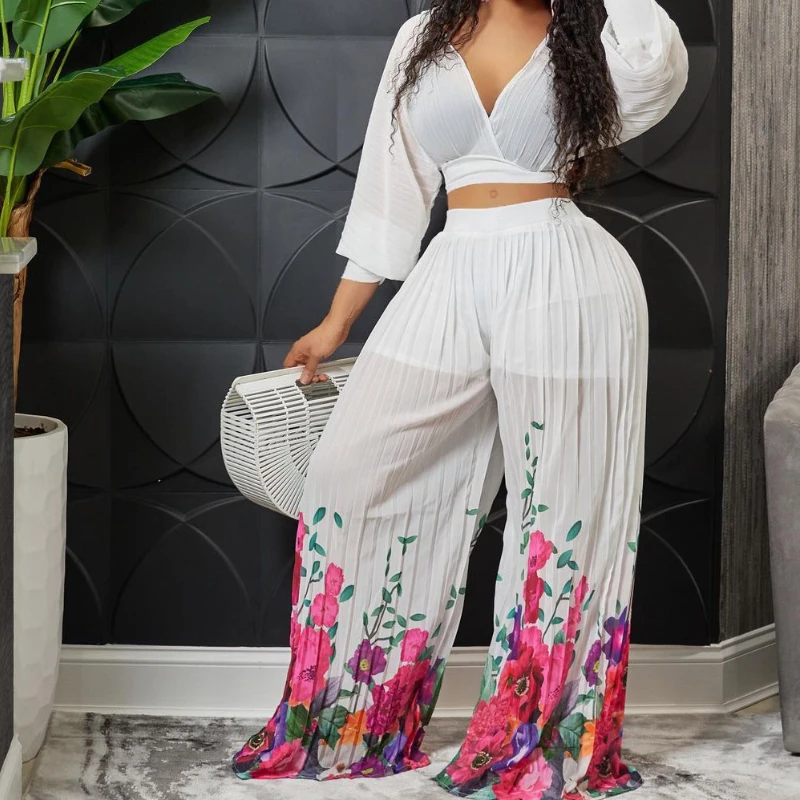 Sheer Mesh Patchwork Ruffle Sleeve Jumpsuit Wide Leg Pants Women Sexy Elegant OL Office Ladies Rompers