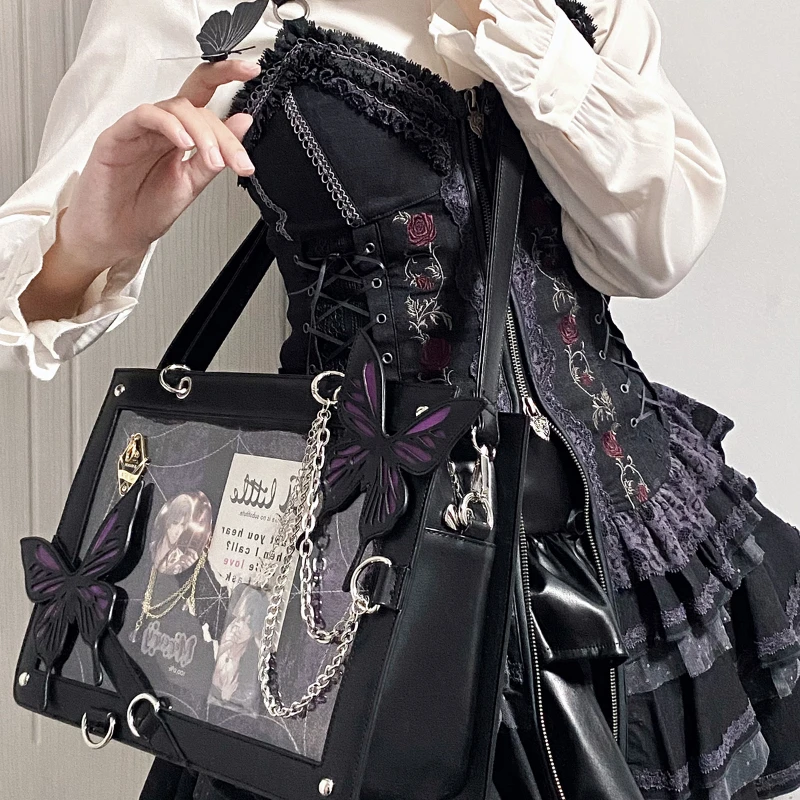 Y2k Labyrinth Butterfly Spider Web Letter Chain Handbags Diy Transparent Ita Bag Lolita Gothic Tote Vintage Fashion Shoulder Bag