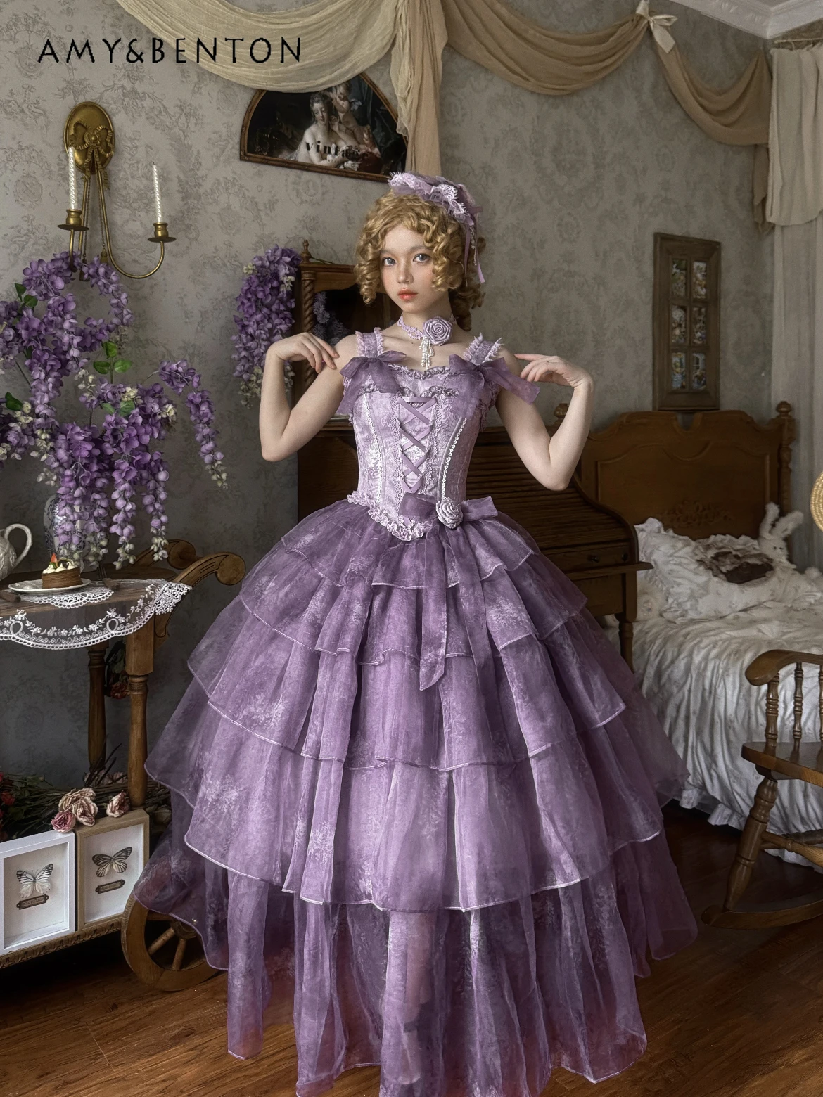 

Elegant Princess Lolita Evening Dresses Light Luxury Birthday Dress for Women Bowknot Strap Vintage Print Mesh Mid-Length Dress