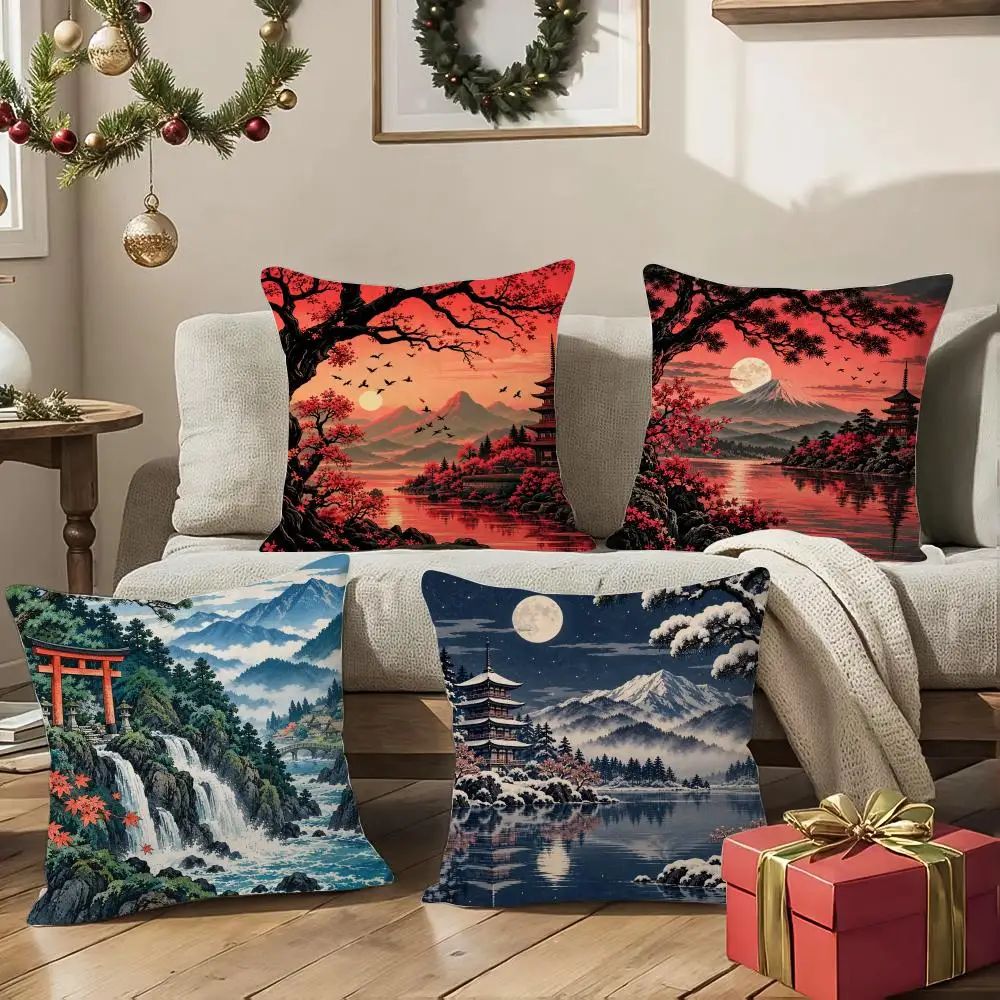 Red Pagoda Japanese Cushion Cover 1/4Pcs Soft Plush Throw Pillow Cover Double-Sided Print Sofa Living Room Decor