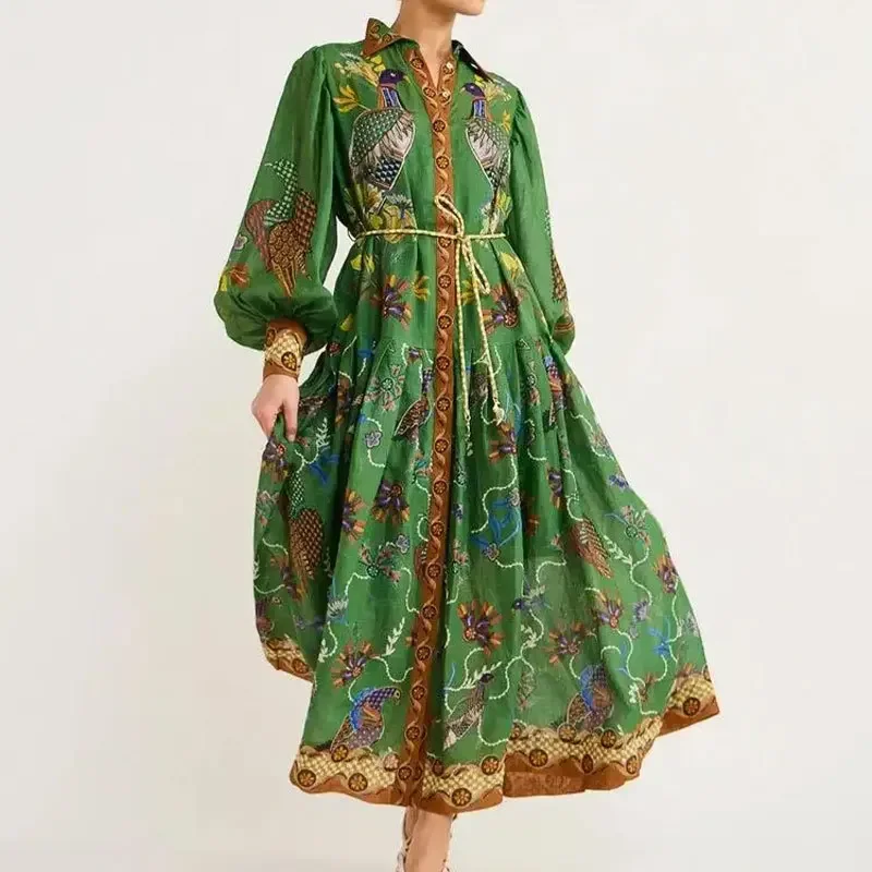 

Autumn and Winter Women's Clothing Trend New Vintage Printed Lantern Sleeve Waist-Controlled Large Hem Dress for Women