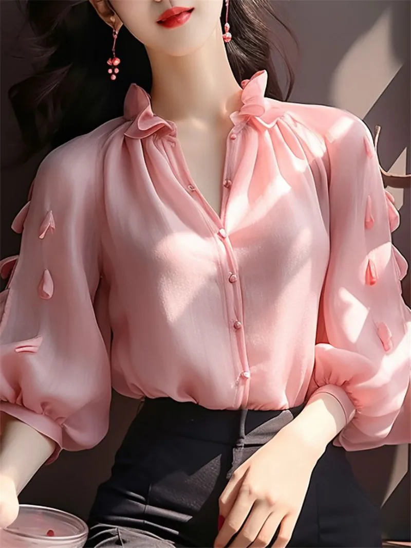 

2024 Summer Women's Fashion French Pretty Age Reducing Women's Shirt Wooden Ear Edge Bubble Sleeves Chiffon Shirt Covering Meat