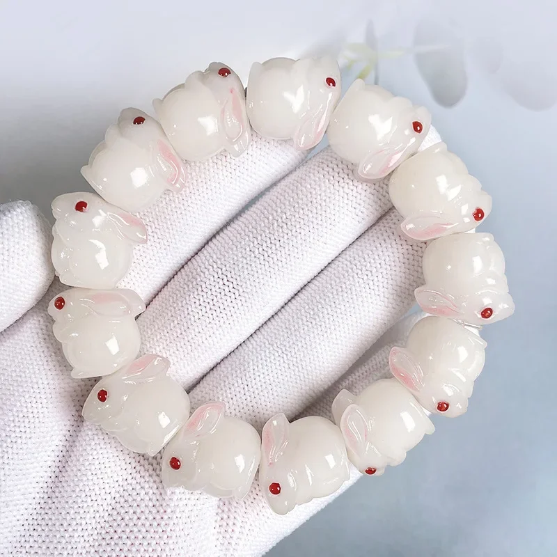 Natural White Jade Bodhi Root Carved Jade Rabbit Hand String Exquisite and Cute Accessories for Male and Female Barley Ornaments