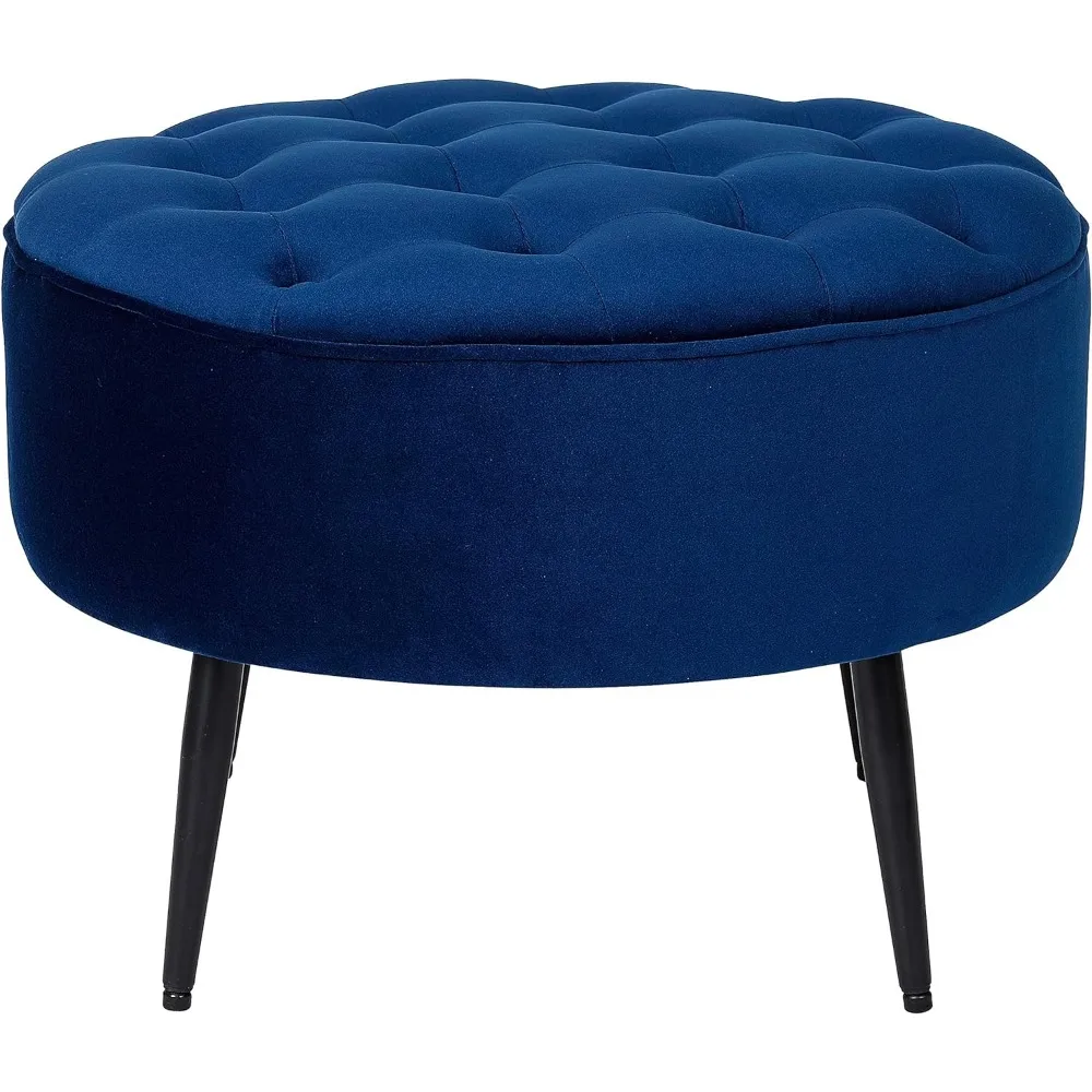 

Stool, Tufted Round Navy Ottoman – Velvet Foot Stool – Mid Century Modern Steel Legs - Soft Compact Padded Stool, Stool