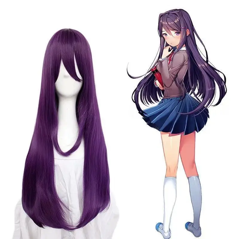 Doki Doki Literature Club Yuri Cosplay Wig Dark Purple Long Straight Hair Pre-styled Matte Heat Resistant Wig for Halloween