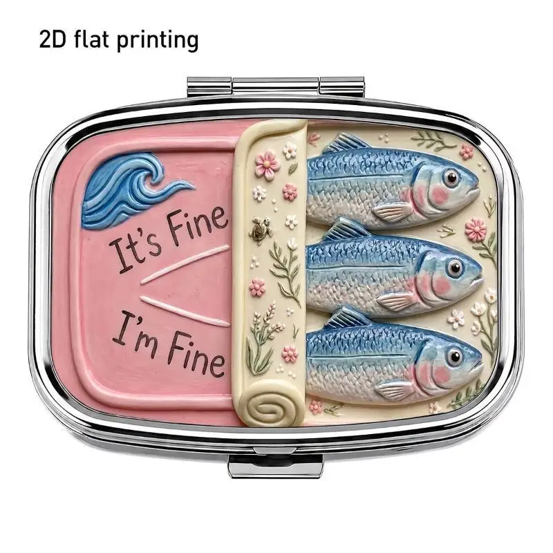 2 Compartments Metal Pill Box, It's Fine I'm Fine Sardine Print Portable Pocket Pill Case, Mini Travel Medicine Storage Contain