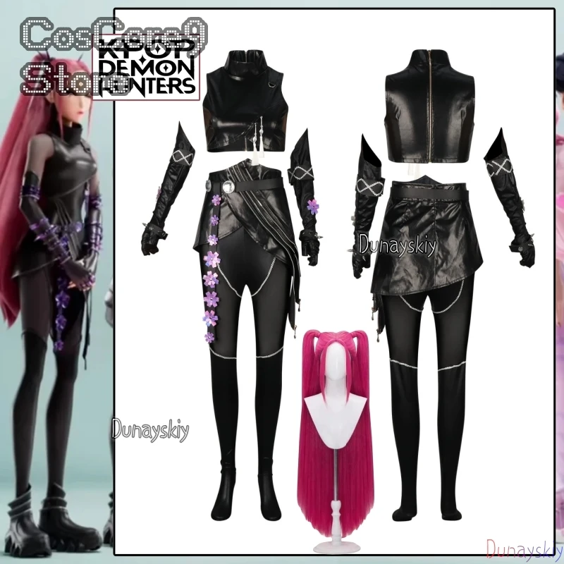 Kpop شيطان هنتركس ميرا تأثيري حلي شعر مستعار الصيادين النساء الفتيات الأسود سروال علوي من الجلد أداء دعوى هالوين slaloch win상 #2