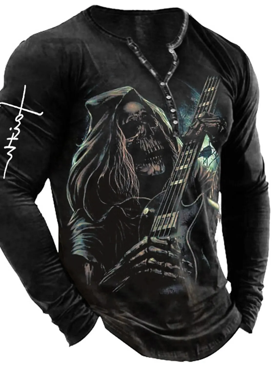 Button-Up V-Neck Retro Ghost Short Sleeve Goth T-Shirt Men's Punk Heavy Metal Street Wear Oversized Brazilian Spanish T-Shirt