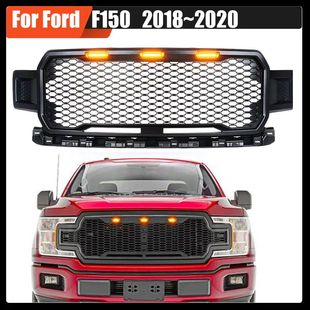 

For Ford F150 2018~2020 Matte Black Grill ABS Front Bumper Grilles Upper Grilles With LED Light Raptor Style Auto Parts Grille
