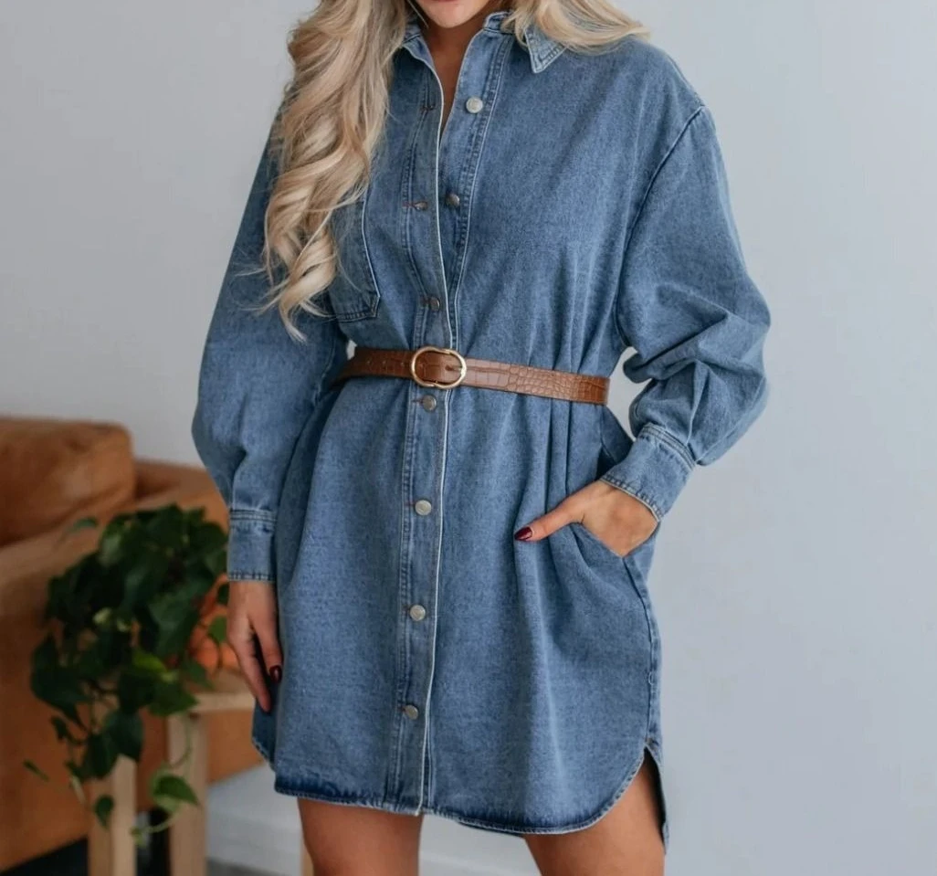 

Fashionable Casual Button-up Slim-fit Long-sleeved Denim Dress