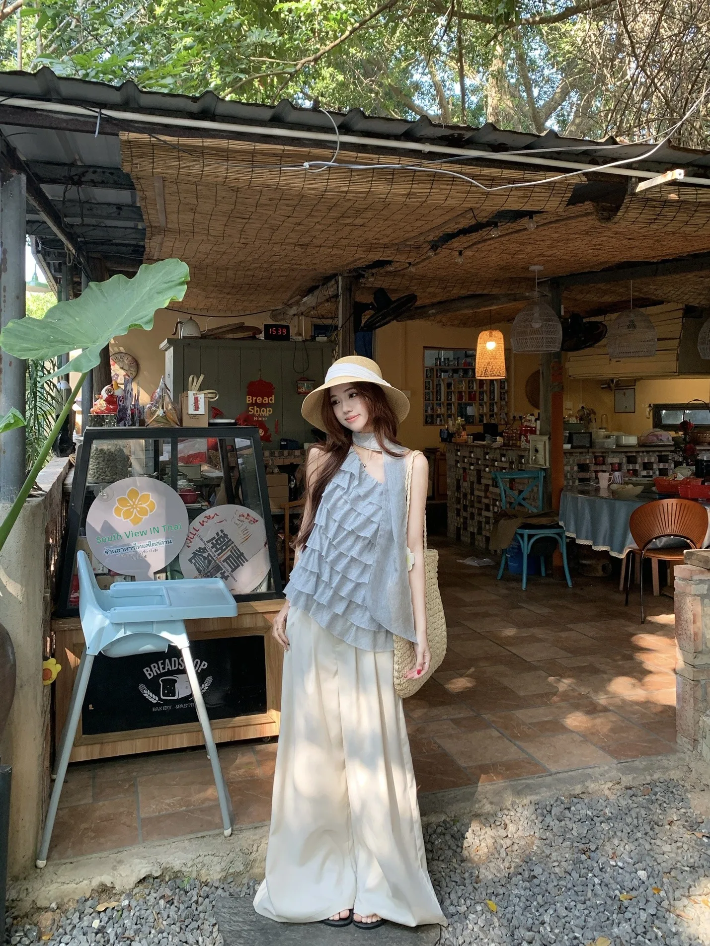 

Sweet Style Two-Piece Set Shoulder Bared Vest for Women Summer Loose Wide Leg Pants High Waist Pure Color No Brand Fashion