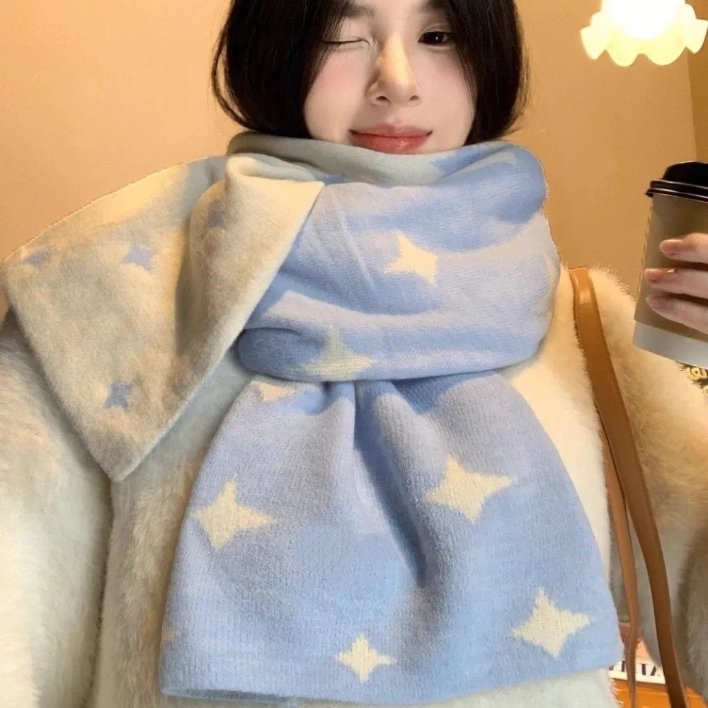 

Корейский стиль, шейный платок со звездным узором, двухсторонний утолщенный женский зимний шарф, плюшевый теплый кашемировый вязаный платок