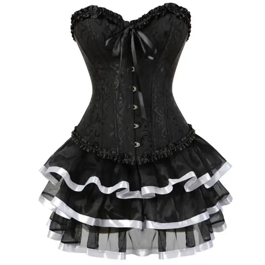 Women\'s Sexy Jacquard Lace Up Overbust Corset Bustiers Dress Gothic Body Shaper Mini Skirt Tutu Plus Size XS-7XL