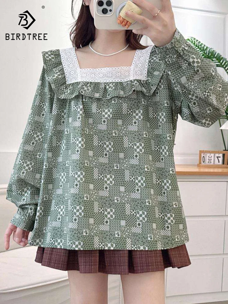 

Новинка 2026, весенняя хлопковая рубашка с длинным рукавом, женская рубашка с квадратным воротником и вырезом, свободная кукольная блузка Mori Girl French INS T5D016CC