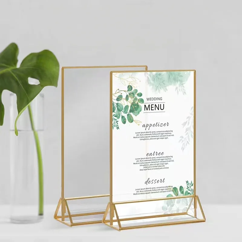 Acrylic Gold-edge Triangular Table Card Horizontal Vertical Photo Frames Display Stands Transparent Dining Table Decorative