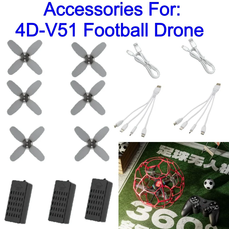 4D-V51 Football Drone Spare Parts Battery 3.7V 1300MHA USB Cable Propeller Accessories Suitable For 4D-V51 Drone Brushless