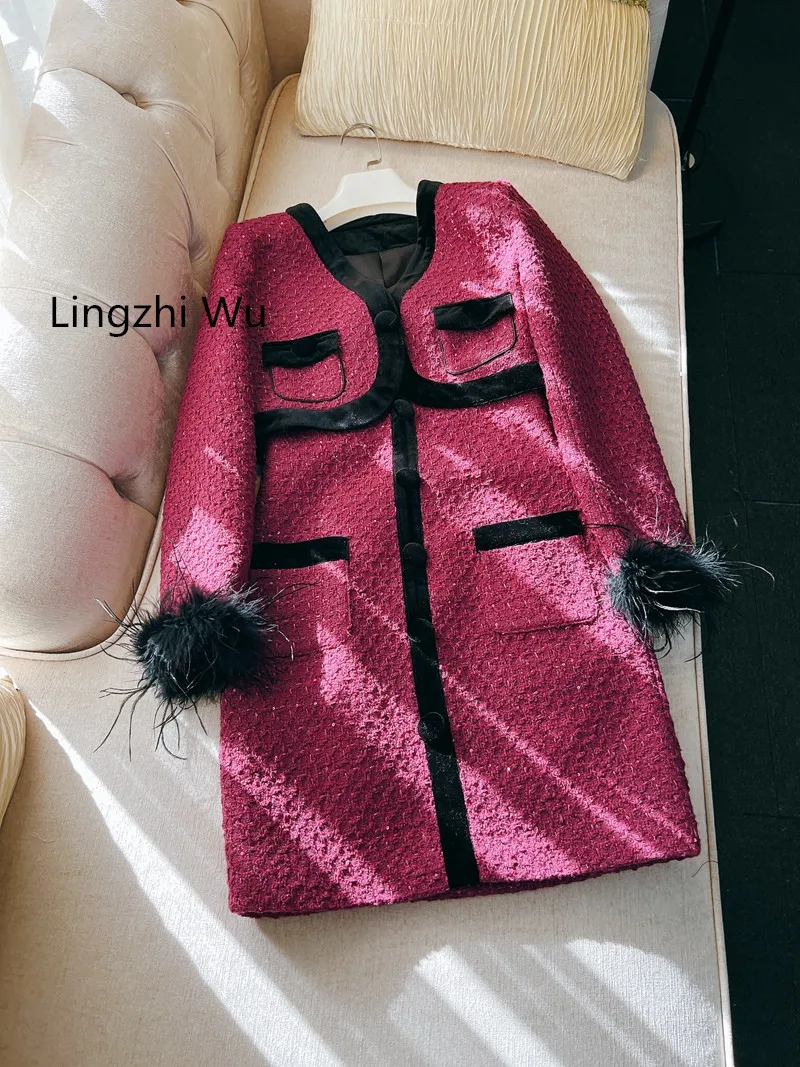 Lingzhi Wu Tweed Dress Set Ladies Feathers Tassel Outerwear Bow Spaghetti Strap Dresses Suit Autumn Female Twinset New Arrival