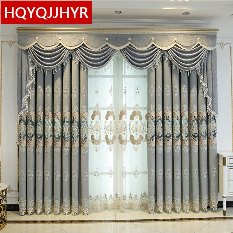 

European-style gray high-quality embroidered villa living room curtains luxury custom apartment hotel kitchen bedroom curtains