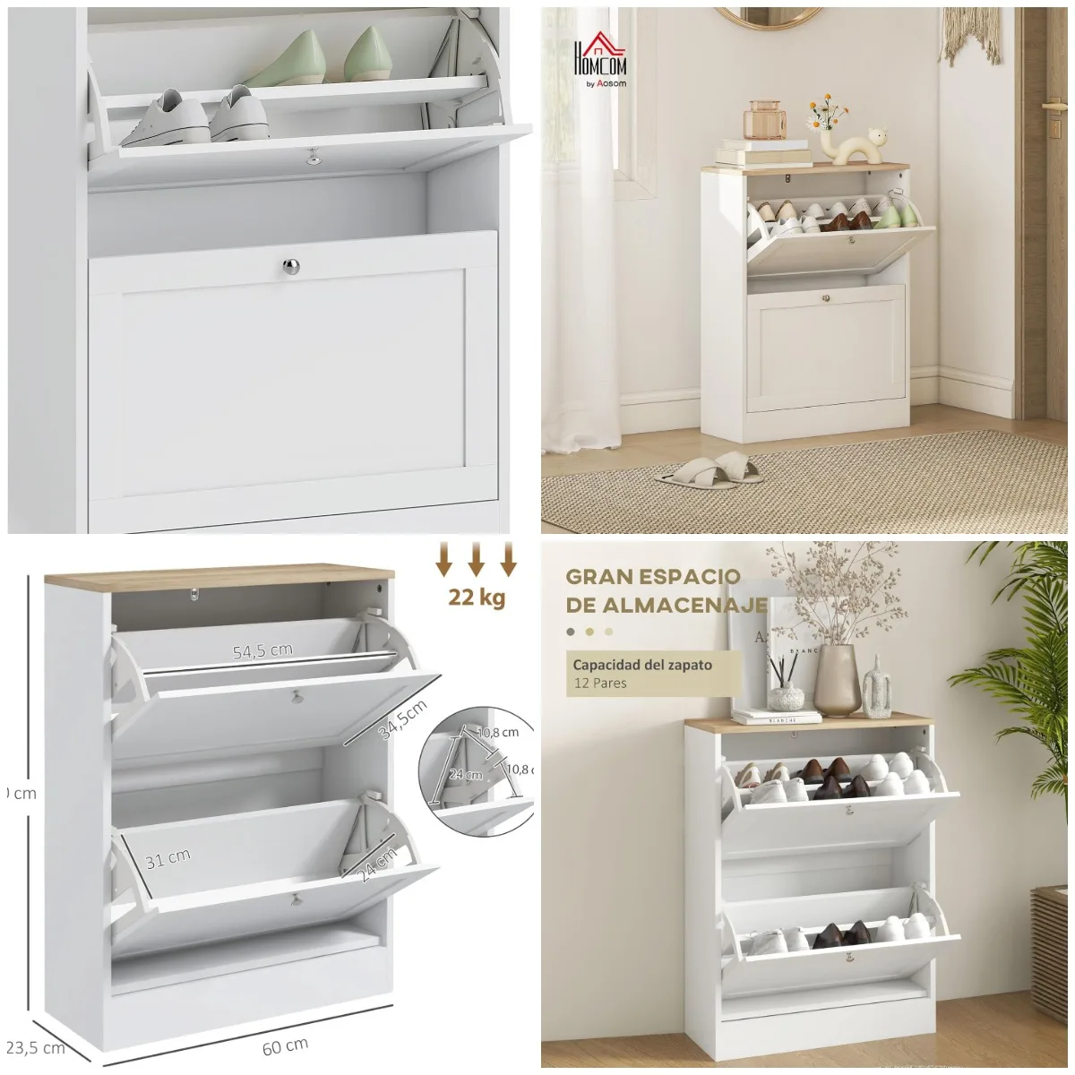 Zapatero Estrecho 2 Puertas, Blanco, 60x23,5x80 cm, para 12 Pares