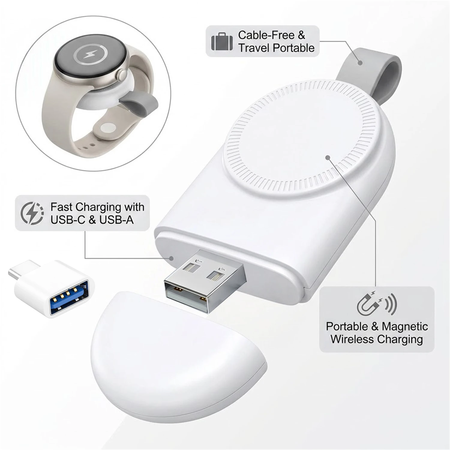 Portable Wireless Magnetic Watch USB A Charger for Apple Watch 9 8 7 SE Ultra Type C Fast Charging Dock for iWatch 6 5 4 3 2