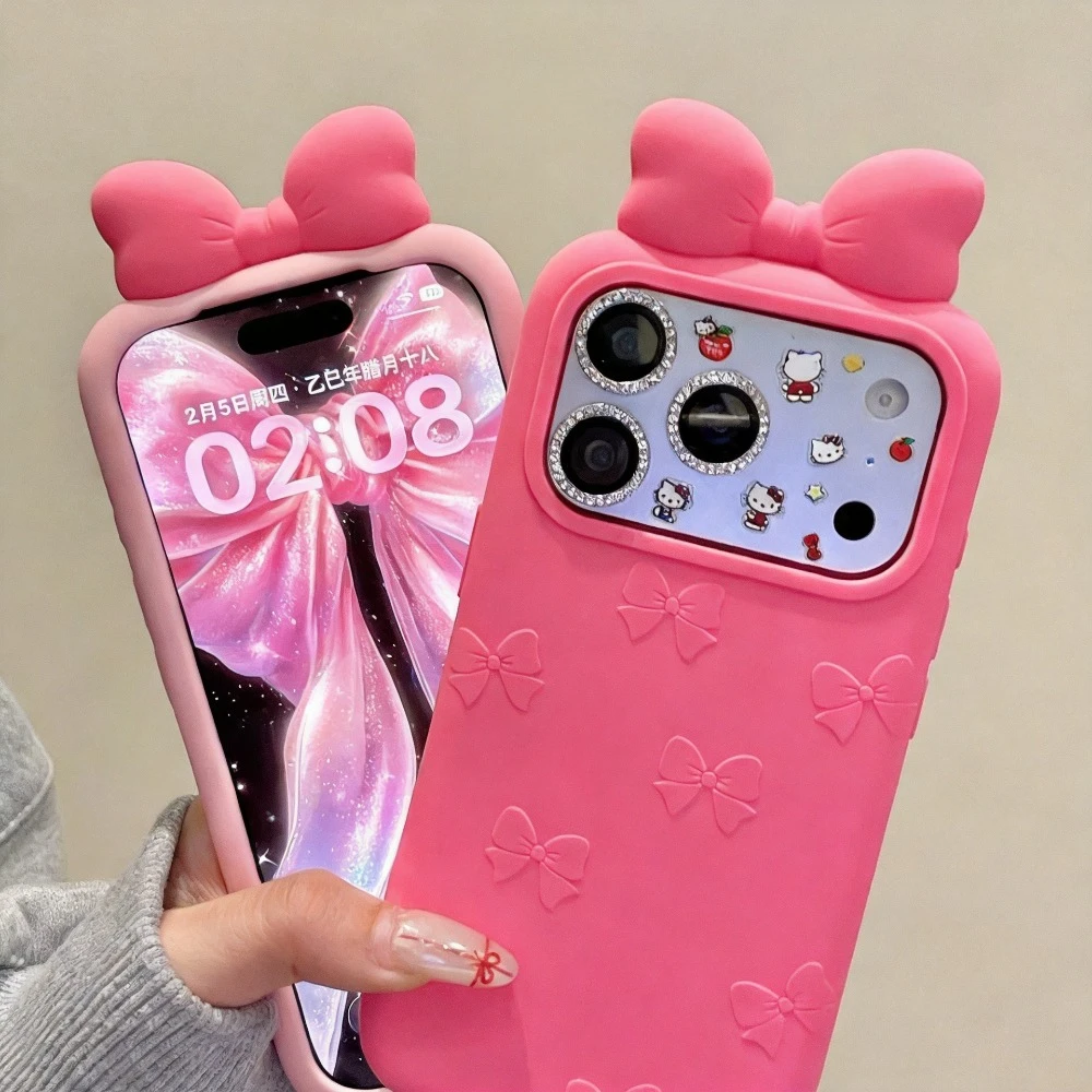 Einfarbige 3D-Schleife Silikon-Handyhülle für iPhone 18 17 Pro Max 16 15 Plus 14 Pro Weiche Niedliche Mädchenhafte Ästhetische Schutzhülle – Detail 1