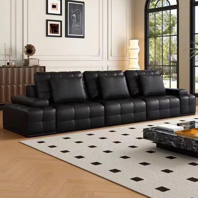 

Leather sofa, sofa electric first layer cowhide telescopic living room small apartment straight row