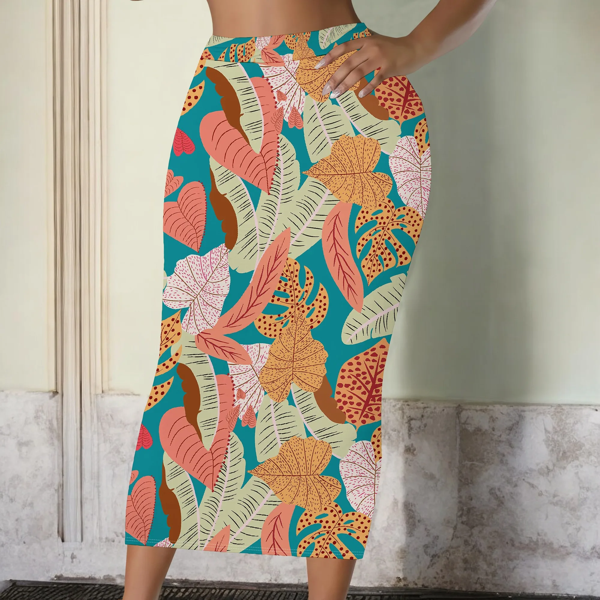 Tropical Print Skirt, Boho Midi Skirt, Leaf Pattern Skirt, High Waist Pencil Skirt, Summer Beach Vacation Wear, S-2XL