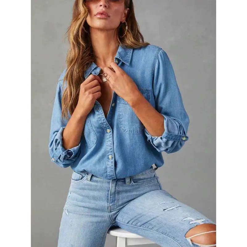 Women's Denim Shirt Turn-down Collar Lapel Design Long Sleeve Ultra Shoulder Casual Fashion Cross-border Style Non-stretch Fa...