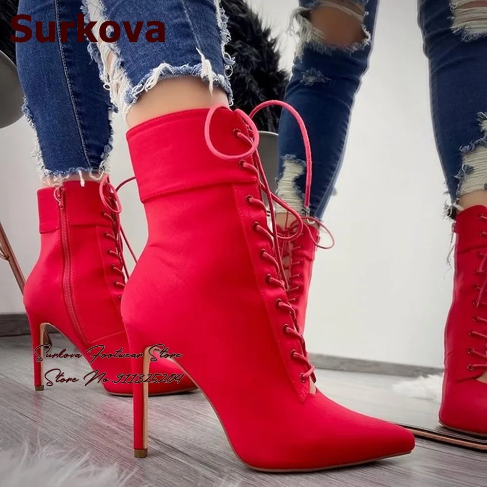 

Surkova Red Blue Lycra Fabric Pointed Toe Ankle Boots Lace-up Thin High Heel Dress Shoes Women Party Footwear