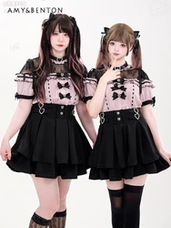 Japanese Mine Mass-Produced Skirt Sets Summer Cute Bow Off Shoulder Short Sleeve Shirt Slim Double-Layer Skirt Two-Piece Sets