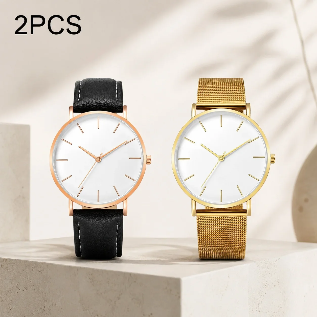 Luxury Simple Couple Watches Set 2Pcs Thin Round Dial Mesh Strap & Leather Band Quartz Wristwatches For Men Women Couple Gift