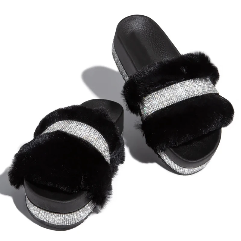 2024 Winter Designer Fur Rhinestone Slippers Women Luxury Platform Heel Fluffy Furry Slides Outside Beach Flip-Flop Ladies