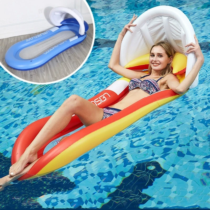 Nieuwe PVC opblaasbare drijvende hangmat met schaduwluifel - opvouwbare waterloungestoel voor volwassenen