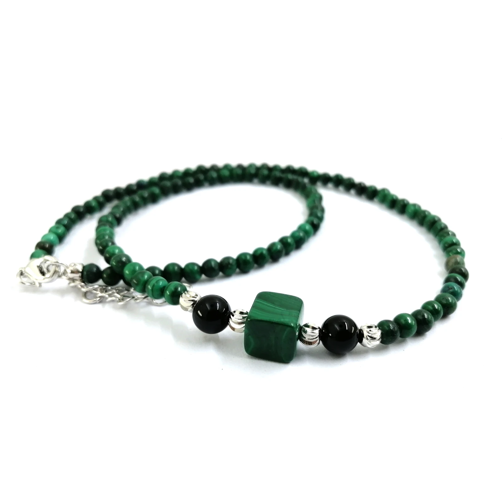 Elegant Malachite Beaded Necklace - Delicate 4mm Malachite Rounds with 8x8mm Square and 6mm Black Onyx Beads Adjustable Length