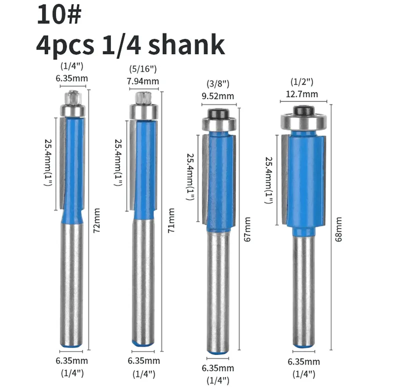 Edge trimmer single bearing blue 4-piece set tungsten steel alloy bit double edge straight trimmer woodworking milling cutter