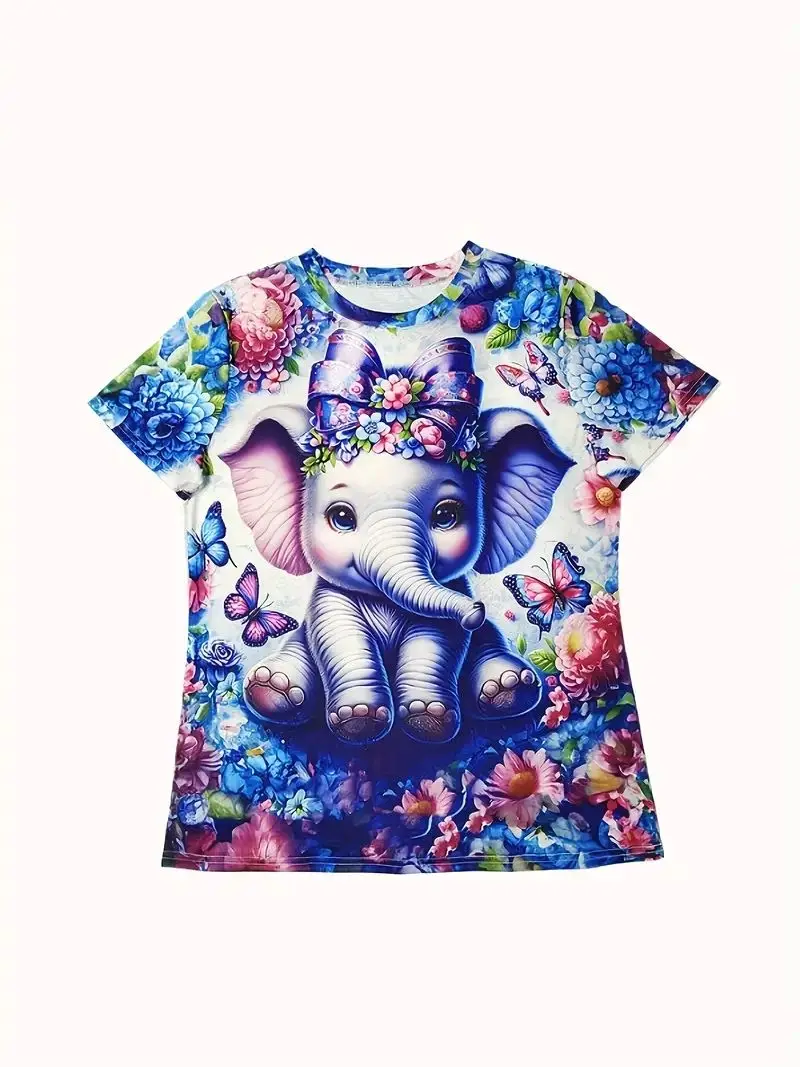 Cartoon Elephant Print Crew Neck T-Shirt Cute Short Sleeve T-Shirt For Spring And Summer Women\'s Clothing