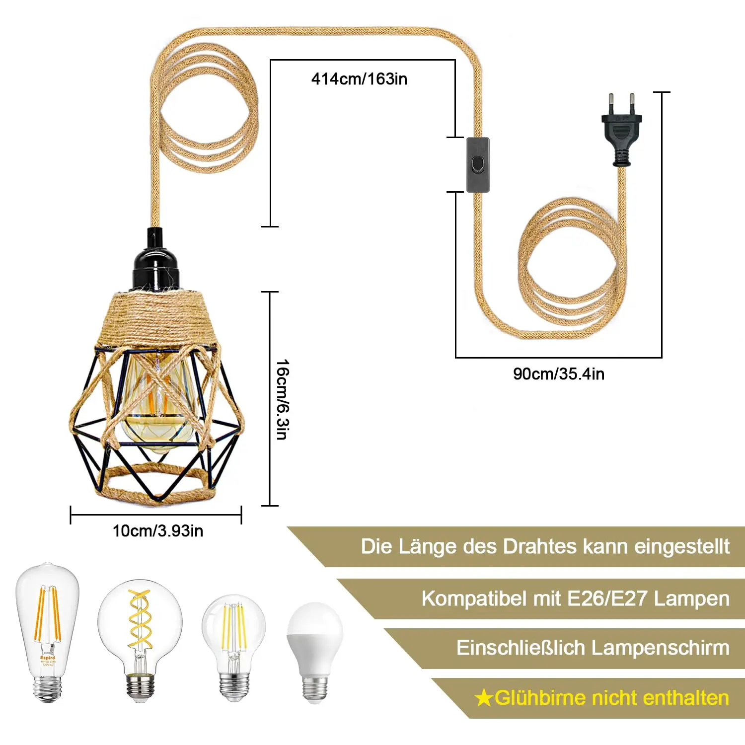 2M 3M Power Cord Pendant Light Hemp Rope Cable Cages E26 E27 Lamp Holder EU Plug with Switch Edison Bulb Socket Cord