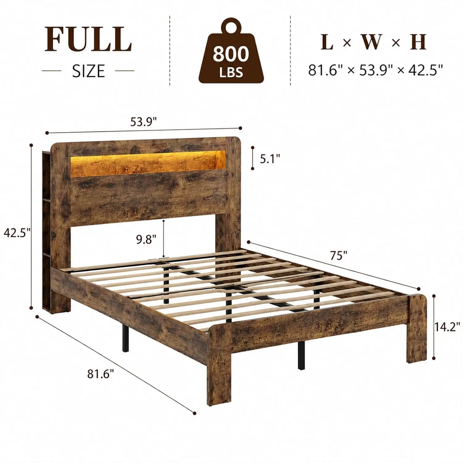 Farmhouse Full Bed Frame Storage Headboard LED Charging Brown Platform Wood Slats No Box Spring, Customized